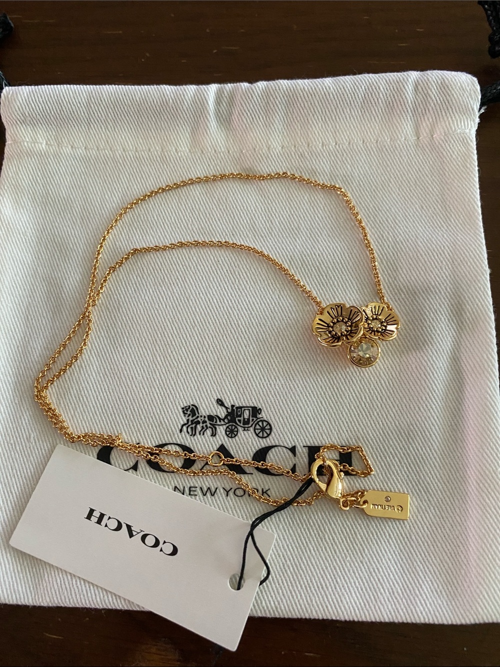 NWOTCoach Gold-tone Floral Tea Rose Double Pendant Necklace